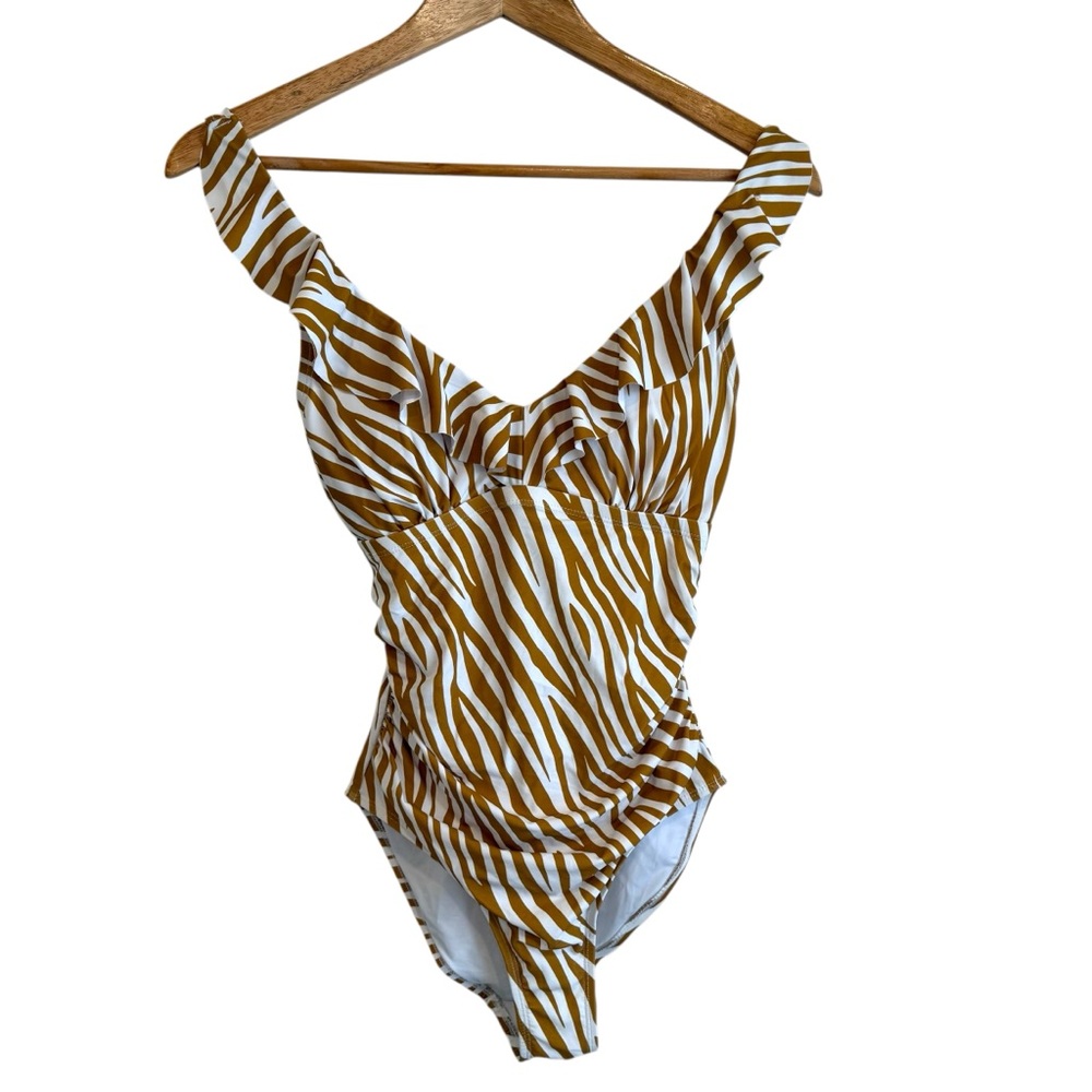 Nip Tuck Joanne Cognac Brown and White Zebra Print Ruffle Top One Piece Swimsuit